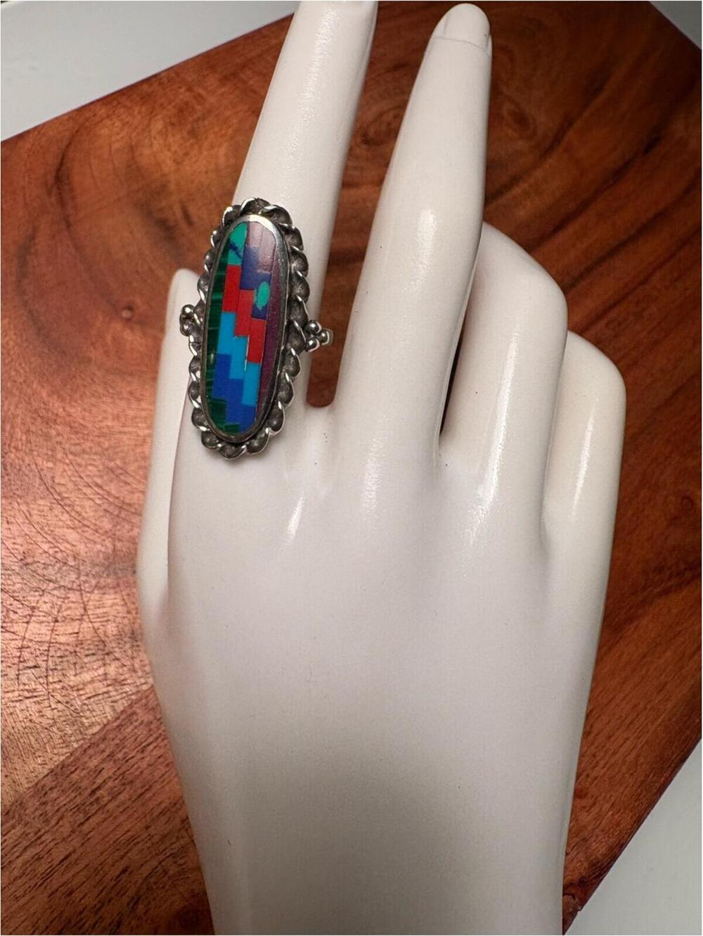Navajo Multi-Stone Inlay Silver Ring with Zigzag pattern - Size 7.5